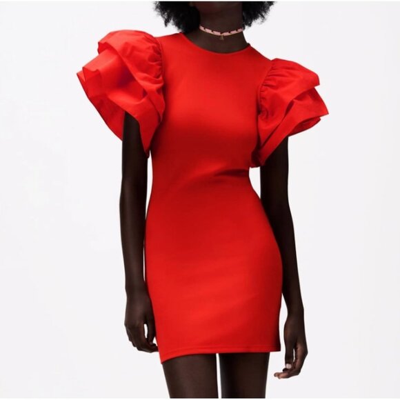 Zara Red Ruffle Sleeve Bodycon Mini Dress Size S - Picture 1 of 13